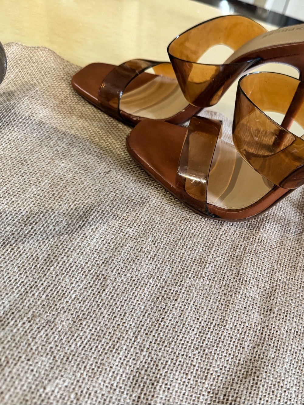 Express Brown Heeled Slide Sandals with Clear Straps